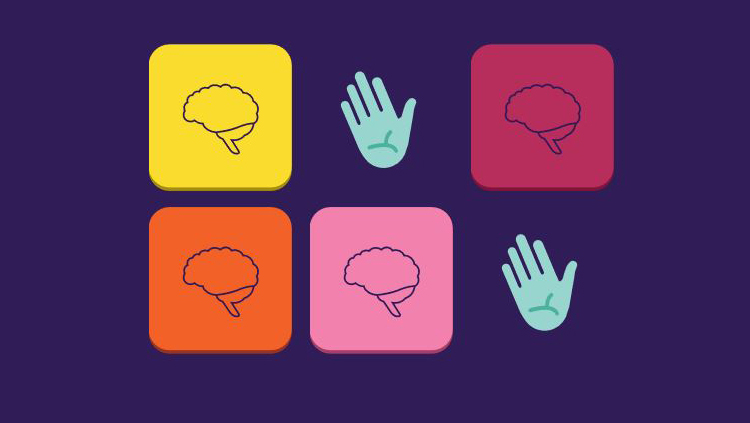 A game of memory with colorful square cards and two brain icons revealed beneath two cards